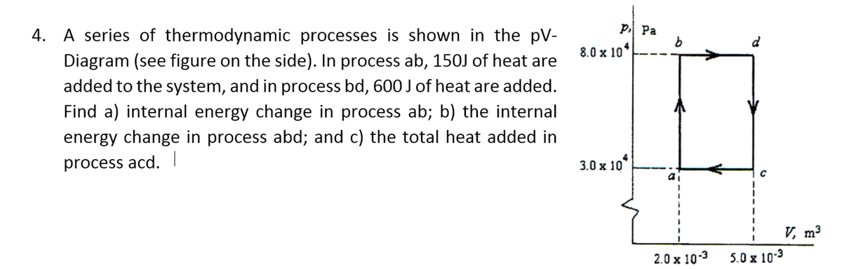 4. A series of thermodynamic processes is shown in the pV-
Diagram (see figure on the side). In process ab, 150J of heat are
added to the system, and in process bd, 600 J of heat are added.
Find a) internal energy change in process ab; b) the internal
energy change in process abd; and c) the total heat added in
process acd. I
P Pa
8.0 x 104
3.0 x 10*
b
2.0 x 10-3
C
V, m³
5.0 x 10-3