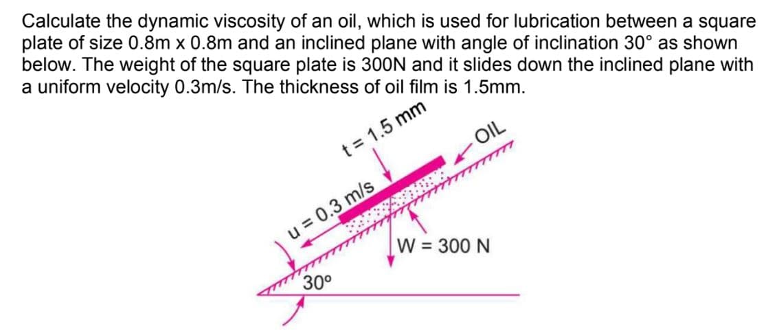Calculate the dynamic viscosity of an oil, which is used for lubrication between a square
plate of size 0.8m x 0.8m and an inclined plane with angle of inclination 30° as shown
below. The weight of the square plate is 300N and it slides down the inclined plane with
a uniform velocity 0.3m/s. The thickness of oil film is 1.5mm.
OIL
t = 1.5 mm
u = 0.3 m/s
30⁰
A
W = 300 N