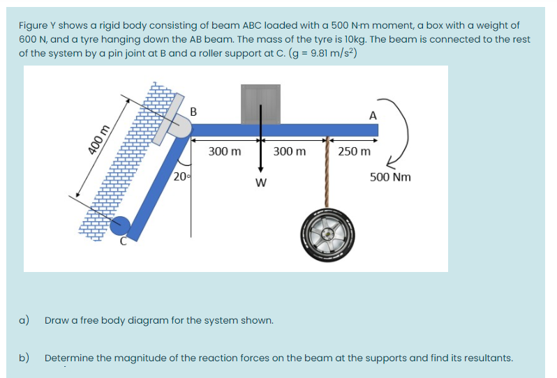 Figure Y shows a rigid body consisting of beam ABC loaded with a 500 N-m moment, a box with a weight of
600 N, and a tyre hanging down the AB beam. The mass of the tyre is 10kg. The beam is connected to the rest
of the system by a pin joint at B and a roller support at C. (g = 9.81 m/s²)
A
300 m
300 m
250 m
20
500 Nm
w
a) Draw a free body diagram for the system shown.
b)
Determine the magnitude of the reaction forces on the beam at the supports and find its resultants.
