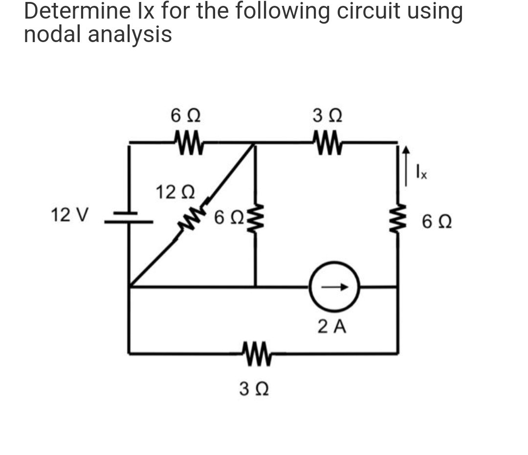 Determine Ix for the following circuit using
nodal analysis
6Ω
3 0
Ix
12 Q
12 V
6ΩΕ
2 A
