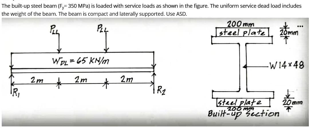 The built-up steel beam (Fy=350 MPa) is loaded with service loads as shown in the figure. The uniform service dead load includes
the weight of the beam. The beam is compact and laterally supported. Use ASD.
PLL
PLL
2m
WDL=65KN/m
2m
*
*
2m
R₂
200 mm
steel plate
...
20mm
-W14×48
Built-up Section
steel plate 20mm
200 mm