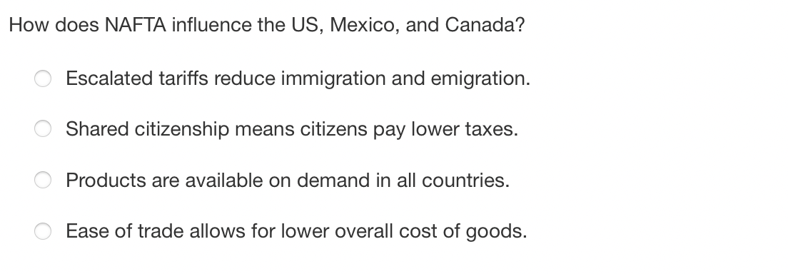 How does NAFTA influence the US, Mexico, and Canada?
Escalated tariffs reduce immigration and emigration.
Shared citizenship means citizens pay lower taxes.
Products are available on demand in all countries.
Ease of trade allows for lower overall cost of goods.
