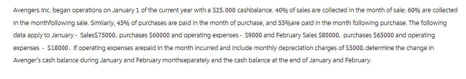 Avengers Inc. began operations on January 1 of the current year with a $25,000 cashbalance. 40% of sales are collected in the month of sale; 60% are collected
in the monthfollowing sale. Similarly, 45% of purchases are paid in the month of purchase, and 55% are paid in the month following purchase. The following
data apply to January - Sales$75000, purchases $60000 and operating expenses - $9000 and February Sales $80000, purchases $65000 and operating
expenses - $18000. If operating expenses arepaid in the month incurred and include monthly depreciation charges of $5000, determine the change in
Avenger's cash balance during January and February monthseparately and the cash balance at the end of January and February.