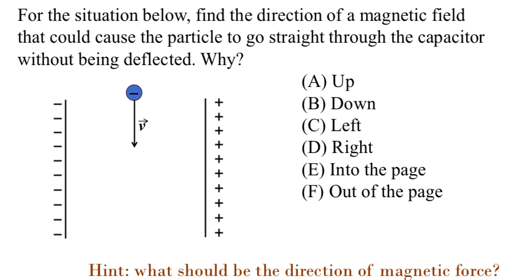 For the situation below, find the direction of a magnetic field
that could cause the particle to go straight through the capacitor
without being deflected. Why?
(A) Up
(B) Down
(C) Left
(D) Right
(E) Into the page
(F) Out of the page
Hint: what should be the direction of magnetic force?
+ + + + + + + + + +
