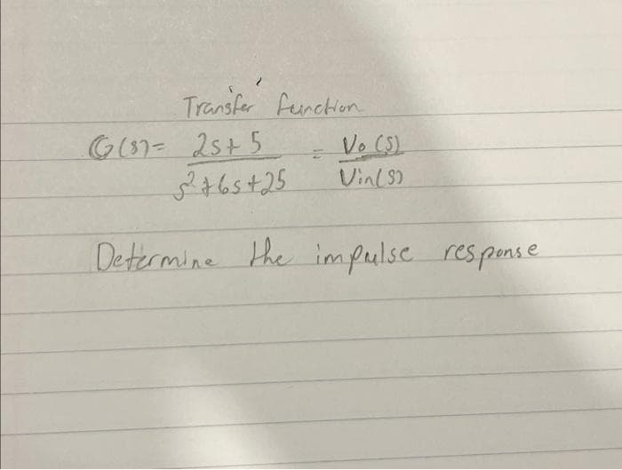 Transfer function.
(8) = 25+ 5
²765+25
Vo (5)
Vin(9)
Determine the impulse response.