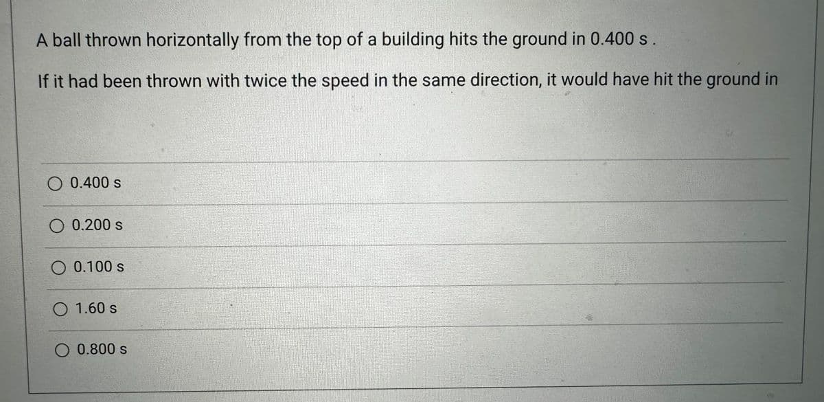 A ball thrown horizontally from the top of a building hits the ground in 0.400 s.
If it had been thrown with twice the speed in the same direction, it would have hit the ground in
O 0.400 s
O 0.200 s
O 0.100 s
1.60 s
O 0.800 s