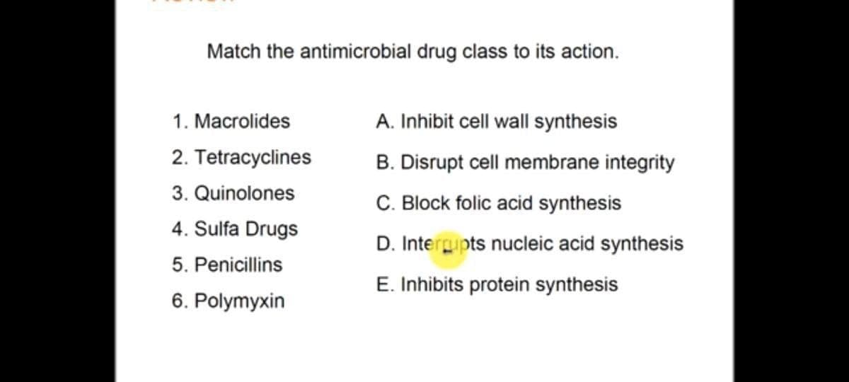 Match the antimicrobial drug class to its action.
1. Macrolides
A. Inhibit cell wall synthesis
2. Tetracyclines
B. Disrupt cell membrane integrity
3. Quinolones
C. Block folic acid synthesis
4. Sulfa Drugs
D. Interrupts nucleic acid synthesis
5. Penicillins
E. Inhibits protein synthesis
6. Polymyxin