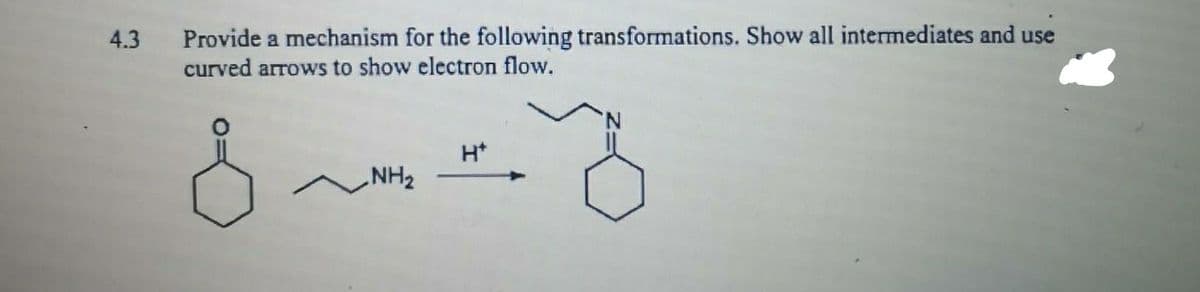 Provide a mechanism for the following transformations. Show all intermediates and use
curved arrows to show electron flow.
4.3
H*
NH2
