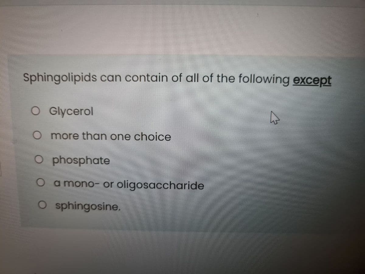 Sphingolipids can contain of all of the following except
O Glycerol
O more than one choice
O phosphate
O a mono- or oligosaccharide
O sphingosine.
