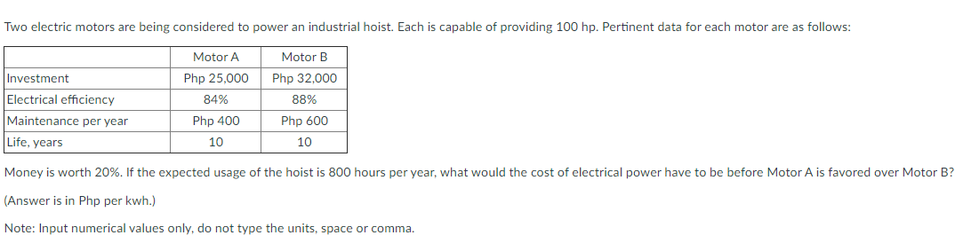 Two electric motors are being considered to power an industrial hoist. Each is capable of providing 100 hp. Pertinent data for each motor are as follows:
Motor A
Motor B
Investment
Php 25,000
Php 32,000
Electrical efficiency
84%
88%
Maintenance per year
Php 400
Php 600
Life, years
10
10
Money is worth 20%. If the expected usage of the hoist is 800 hours per year, what would the cost of electrical power have to be before Motor A is favored over Motor B?
(Answer is in Php per kwh.)
Note: Input numerical values only, do not type the units, space or comma.
