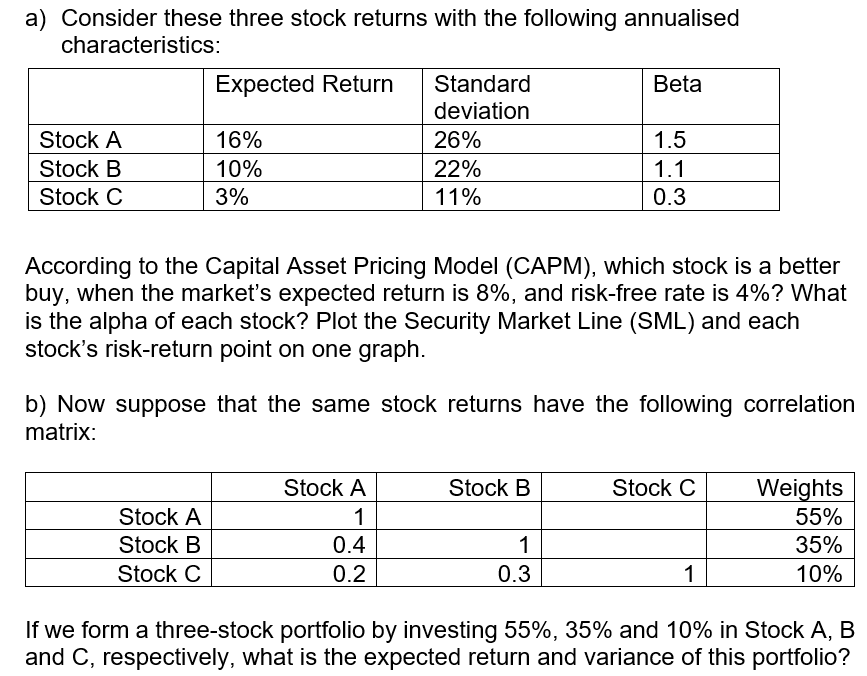 a) Consider these three stock returns with the following annualised
characteristics:
Stock A
Stock B
Stock C
Expected Return
16%
10%
3%
Stock A
Stock B
Stock C
Standard
deviation
26%
22%
11%
Stock A
1
0.4
0.2
According to the Capital Asset Pricing Model (CAPM), which stock is a better
buy, when the market's expected return is 8%, and risk-free rate is 4%? What
is the alpha of each stock? Plot the Security Market Line (SML) and each
stock's risk-return point on one graph.
b) Now suppose that the same stock returns have the following correlation
matrix:
Beta
Stock B
1.5
1.1
0.3
1
0.3
Stock C
1
Weights
55%
35%
10%
If we form a three-stock portfolio by investing 55%, 35% and 10% in Stock A, B
and C, respectively, what is the expected return and variance of this portfolio?