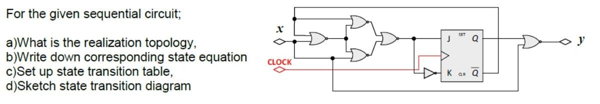 For the given sequential circuit;
a)What is the realization topology,
b)Write down corresponding state equation
c)Set up state transition table,
d)Sketch state transition diagram
CLOCK
J
SET
Q
KaR Q