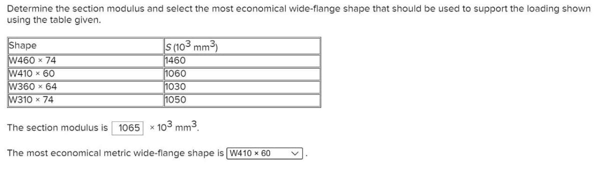 Determine the section modulus and select the most economical wide-flange shape that should be used to support the loading shown
using the table given.
Shape
W460 x 74
W410 x 60
W360 x 64
W310 x 74
S (103 mm³)
1460
1060
1030
1050
The section modulus is 1065 x 103 mm³.
The most economical metric wide-flange shape is W410 × 60