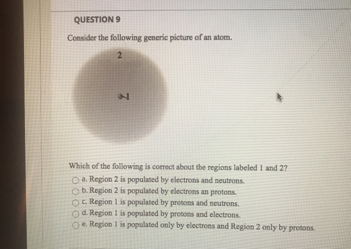 QUESTION 9
Consider the following generic picture of an atom.
2
Which of the following is correct about the regions labeled 1 and 2?
a. Region 2 is populated by electrons and neutrons.
b. Region 2 is populated by electrons an protons.
c. Region 1 is populated by protons and neutrons.
O d. Region 1 is populated by protons and electrons.
Oe. Region 1 is populated only by electrons and Region 2 only by protons.