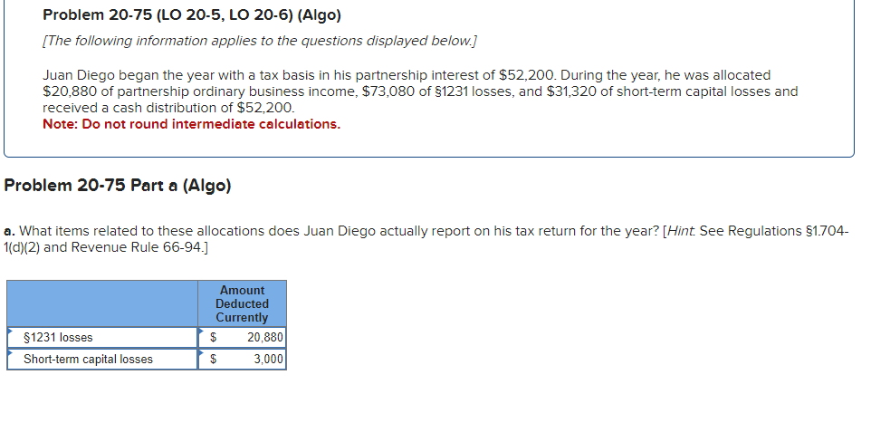 Problem 20-75 (LO 20-5, LO 20-6) (Algo)
[The following information applies to the questions displayed below.]
Juan Diego began the year with a tax basis in his partnership interest of $52,200. During the year, he was allocated
$20,880 of partnership ordinary business income, $73,080 of $1231 losses, and $31,320 of short-term capital losses and
received a cash distribution of $52,200.
Note: Do not round intermediate calculations.
Problem 20-75 Part a (Algo)
a. What items related to these allocations does Juan Diego actually report on his tax return for the year? [Hint. See Regulations $1.704-
1(d)(2) and Revenue Rule 66-94.]
Amount
Deducted
Currently
§1231 losses
$
20,880
Short-term capital losses
$
3,000