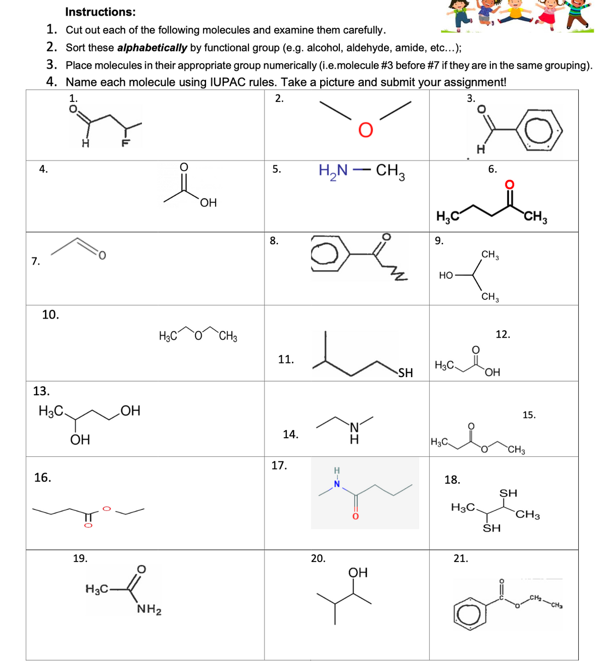 4.
7.
Instructions:
1. Cut out each of the following molecules and examine them carefully.
2. Sort these alphabetically by functional group (e.g. alcohol, aldehyde, amide, etc...);
3. Place molecules in their appropriate group numerically (i.e.molecule #3 before #7 if they are in the same grouping).
4. Name each molecule using IUPAC rules. Take a picture and submit your assignment!
1.
2.
3.
10.
13.
H3C
16.
OH
IT
O
OH
19.
H3C
HERNING
H3C-
NH₂
OH
CH3
5.
8.
11.
14.
17.
H₂N - CH₂
20.
OH
O
SH
H₂C
9.
HO
H3C
18.
H
6.
H3C.
21.
CH 3
CH 3
fon
12.
OH
halora
H3C
LAK
SH
SH
CH3
15.
CH3
CH3
CH₂ CH3