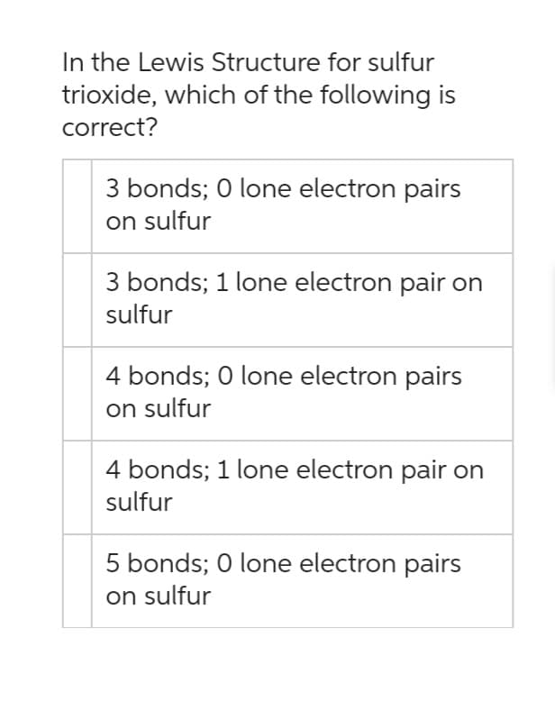 In the Lewis Structure for sulfur
trioxide, which of the following is
correct?
3 bonds; 0 lone electron pairs
on sulfur
3 bonds; 1 lone electron pair on
sulfur
4 bonds; 0 lone electron pairs
on sulfur
4 bonds; 1 lone electron pair on
sulfur
5 bonds; 0 lone electron pairs
on sulfur