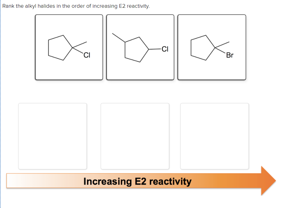 Rank the alkyl halides in the order of increasing E2 reactivity.
CI
-CI
Increasing E2 reactivity
Br