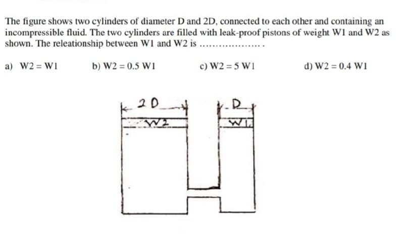 The figure shows two cylinders of diameter D and 2D, connected to each other and containing an
incompressible fluid. The two cylinders are filled with leak-proof pistons of weight W1 and W2 as
shown. The releationship between W1 and W2 is ...
a) W2 = WI
b) W2 = 0.5 W1
c) W2 = 5 W1
d) W2 = 0.4 W1
20
M

