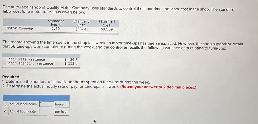 The auto repair shop of Quality Motor Company uses standards to control the labor time and labor cost in the shop. The standard
labor cost for a motor tune-up is given below:
Motor tune-up
Standard
Hours
2.50
Standard
Rate
$33.00
Standard
Cost
$82.50
The record showing the time spent in the shop last week on motor tune-ups has been misplaced. However, the shop supervisor recalls
that 58 tune-ups were completed during the week, and the controller recalls the following variance data relating to tune-ups:
Labor rate variance
Labor spending variance
Required:
$ 80 F
$ 118 U
1. Determine the number of actual labor-hours spent on tune-ups during the week.
2. Determine the actual hourly rate of pay for tune-ups last week. (Round your answer to 2 decimal places.)
1. Actual labor hours
hours
2. Actual hourly rate
per hour