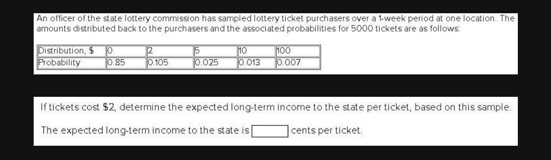 An officer of the state lottery commission has sampled lottery ticket purchasers over a 1-week period at one location. The
amounts distributed back to the purchasers and the associated probabilities for 5000 tickets are as follows:
10
100
Distribution, $
Probability
0
0.85
2
0.105
5
0.025
0.013
0.007
If tickets cost $2, determine the expected long-term income to the state per ticket, based on this sample.
The expected long-term income to the state is
cents per ticket.
