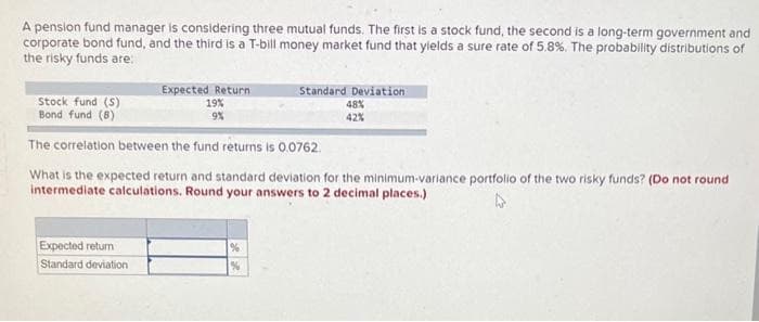 A pension fund manager is considering three mutual funds. The first is a stock fund, the second is a long-term government and
corporate bond fund, and the third is a T-bill money market fund that yields a sure rate of 5.8%. The probability distributions of
the risky funds are:
Stock fund (S)
Bond fund (8)
Expected Return
19%
9%
Expected return
Standard deviation
The correlation between the fund returns is 0.0762.
What is the expected return and standard deviation for the minimum-variance portfolio of the two risky funds? (Do not round
intermediate calculations. Round your answers to 2 decimal places.)
Standard Deviation
48%
42%
%