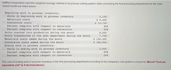 Haffner Corporation uses the weighted-average method in its process costing system. Data concerning the first processing department for the most
recent month are listed below.
Beginning work in process inventory:
Units in beginning work in process inventory
Materials costs
Conversion costs
Percent complete with respect to materials
Percent complete with respect to conversion
Units started into production during the month
Units transferred to the next department during the month
Materials costs added during the month
Conversion costs added during the month
Ending work in process inventory:
Units in ending work in process inventory
Percent complete with respect to materials
Percent complete with respect to conversion
2,100
$ 9,400
$10,700
858
55%
8,600
7,700
$ 104,300
$ 186,000
3,000
60%
50%
The cost of ending work in process inventory in the first processing department according to the company's cost system is closest to: (Round "Cost per
equivalent unit" to 3 decimal places.)