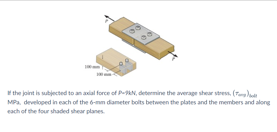 100 mm
100 mm-
If the joint is subjected to an axial force of P=9kN, determine the average shear stress, (Tavg)holt
MPa, developed in each of the 6-mm diameter bolts between the plates and the members and along
each of the four shaded shear planes.
6)
