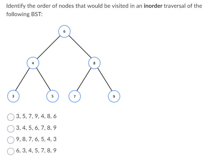 Identify the order of nodes that would be visited in an inorder traversal of the
following BST:
3
3, 5, 7, 9, 4, 8, 6
3, 4, 5, 6, 7, 8, 9
9, 8, 7, 6, 5, 4, 3
6, 3, 4, 5, 7, 8, 9
7
9