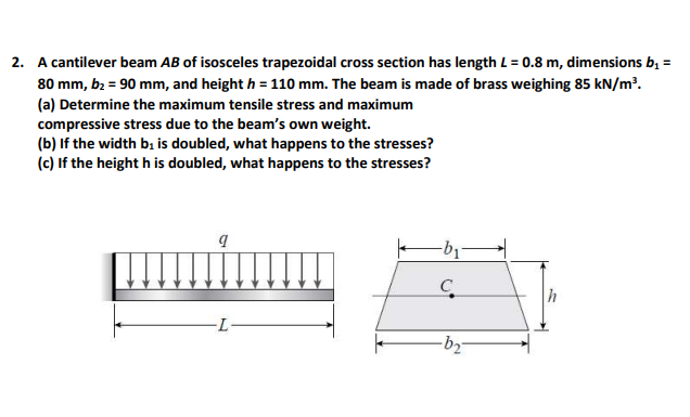 2. A cantilever beam AB of isosceles trapezoidal cross section has length L= 0.8 m, dimensions b, =
80 mm, bz = 90 mm, and height h = 110 mm. The beam is made of brass weighing 85 kN/m.
(a) Determine the maximum tensile stress and maximum
compressive stress due to the beam's own weight.
(b) If the width bị is doubled, what happens to the stresses?
(c) If the height h is doubled, what happens to the stresses?
-b1
h
-b2
