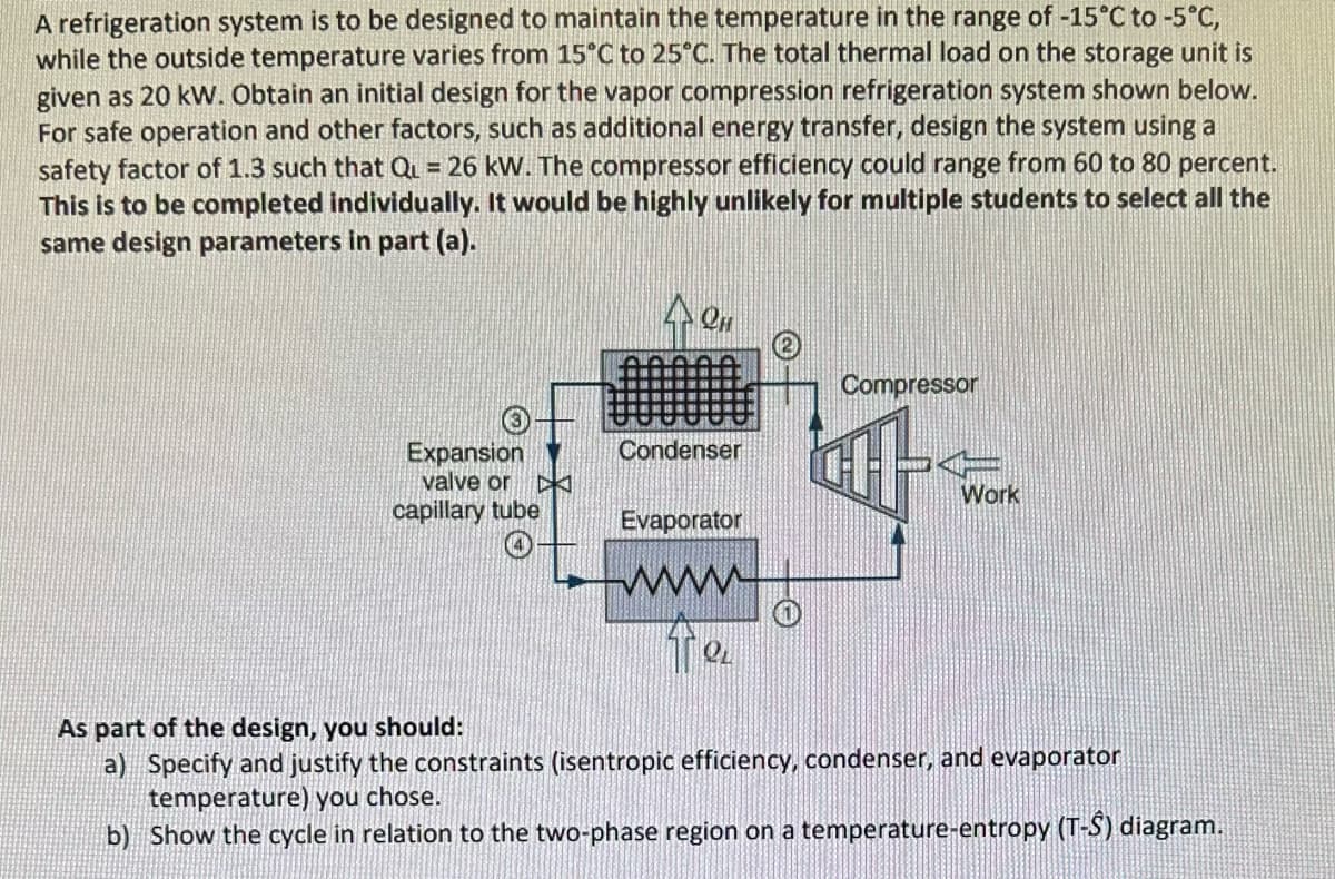 A refrigeration system is to be designed to maintain the temperature in the range of -15°C to -5°C,
while the outside temperature varies from 15°C to 25°C. The total thermal load on the storage unit is
given as 20 kW. Obtain an initial design for the vapor compression refrigeration system shown below.
For safe operation and other factors, such as additional energy transfer, design the system using a
safety factor of 1.3 such that Q₁ = 26 kW. The compressor efficiency could range from 60 to 80 percent.
This is to be completed individually. It would be highly unlikely for multiple students to select all the
same design parameters in part (a).
Expansion
valve or
capillary tube
он
Condenser
Evaporator
www.
Compressor
Work
As part of the design, you should:
a) Specify and justify the constraints (isentropic efficiency, condenser, and evaporator
temperature) you chose.
b) Show the cycle in relation to the two-phase region on a temperature-entropy (T-S) diagram.