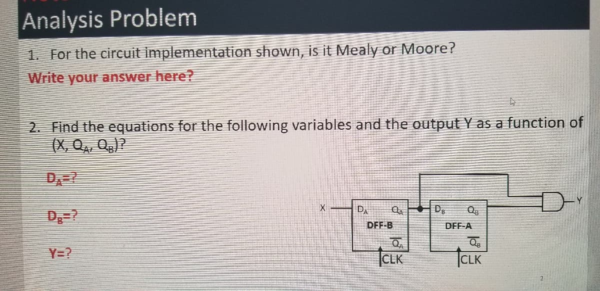 Analysis Problem
1. For the circuit implementation shown, is it Mealy or Moore?
Write your answer here?
2. Find the equations for the following variables and the output Y as a function of
(X, Q, Q,)?
AL
X
DA
Dg
Dg=?
DFF-B
DFF-A
Y=?
CLK
TCLK
