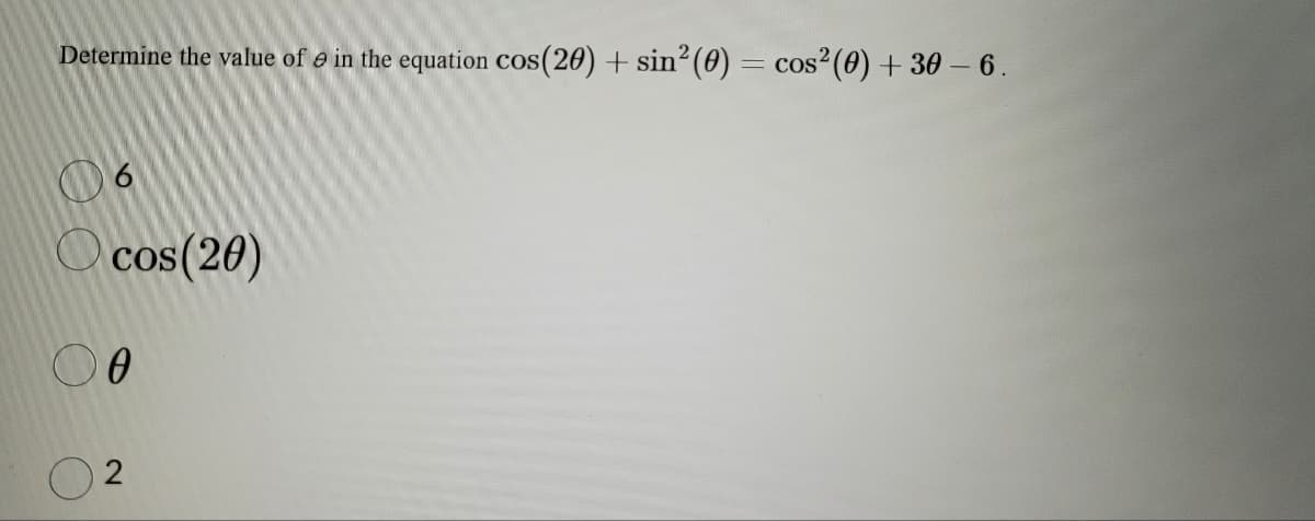 Determine the value ofe in the equation cos(20) + sin² (0) = cos² (0) + 30-6.
6
cos(20)
00