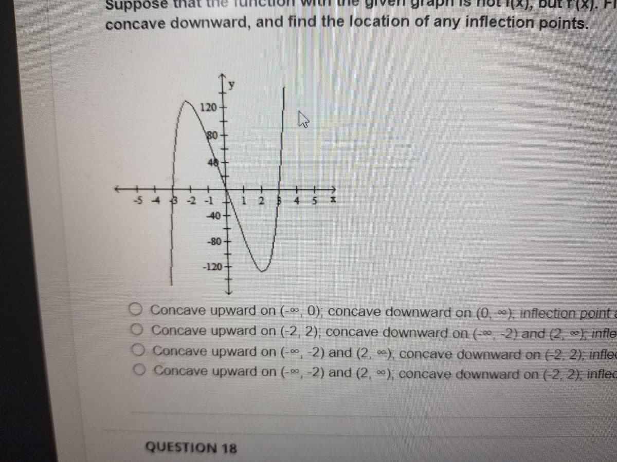 Suppose
butt (X). Fl
concave downward, and find the location of any inflection points.
120
80
-5 4 3 2 -1
-40
-80-
-120+
B
QUESTION 18
4
+ T
4 5 X
O Concave upward on (-∞0, 0); concave downward on (0, ∞), inflection point a
O Concave upward on (-2, 2); concave downward on (-∞, -2) and (2, ∞); infle
O Concave upward on (-∞, -2) and (2, ∞); concave downward on (-2, 2); inflec
O Concave upward on (-∞, -2) and (2, ∞); concave downward on (-2, 2); inflec