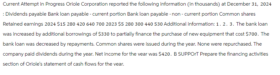 Current Attempt in Progress Oriole Corporation reported the following information (in thousands) at December 31, 2024
: Dividends payable Bank loan payable - current portion Bank loan payable - non-current portion Common shares
Retained earnings 2024 $15 280 420 640 700 2023 $5 280 300 440 530 Additional information: 1. 2. 3. The bank loan
was increased by additional borrowings of $330 to partially finance the purchase of new equipment that cost $700. The
bank loan was decreased by repayments. Common shares were issued during the year. None were repurchased. The
company paid dividends during the year. Net income for the year was $420. B SUPPORT Prepare the financing activities
section of Oriole's statement of cash flows for the year.