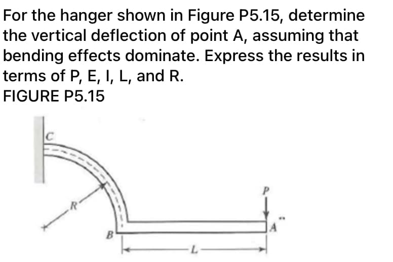 For the hanger shown in Figure P5.15, determine
the vertical deflection of point A, assuming that
bending effects dominate. Express the results in
terms of P, E, I, L, and R.
FIGURE P5.15
