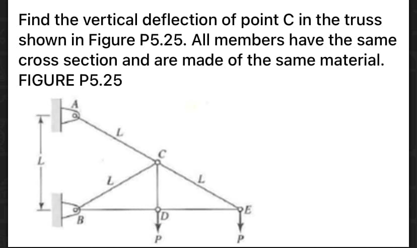 Find the vertical deflection of point C in the truss
shown in Figure P5.25. All members have the same
cross section and are made of the same material.
FIGURE P5.25
PE

