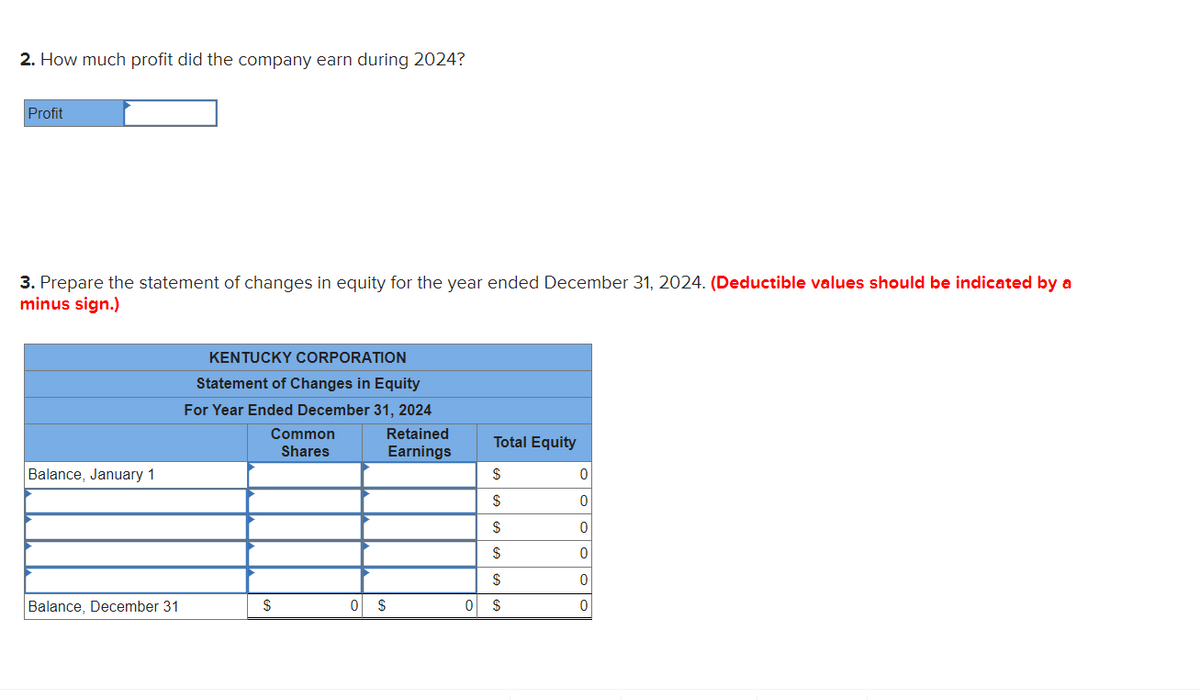 2. How much profit did the company earn during 2024?
Profit
3. Prepare the statement of changes in equity for the year ended December 31, 2024. (Deductible values should be indicated by a
minus sign.)
Balance, January 1
Balance, December 31
KENTUCKY CORPORATION
Statement of Changes in Equity
For Year Ended December 31, 2024
Retained
Earnings
Common
Shares
$
0 $
0
Total Equity
$
$
$
$
$
$
0
0
0
0
0
0