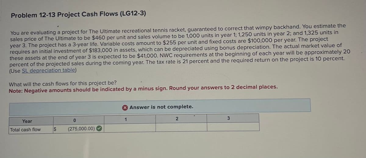 Problem 12-13 Project Cash Flows (LG12-3)
You are evaluating a project for The Ultimate recreational tennis racket, guaranteed to correct that wimpy backhand. You estimate the
sales price of The Ultimate to be $460 per unit and sales volume to be 1,000 units in year 1; 1,250 units in year 2; and 1,325 units in
year 3. The project has a 3-year life. Variable costs amount to $255 per unit and fixed costs are $100,000 per year. The project
requires an initial investment of $183,000 in assets, which can be depreciated using bonus depreciation. The actual market value of
these assets at the end of year 3 is expected to be $41,000. NWC requirements at the beginning of each year will be approximately 20
percent of the projected sales during the coming year. The tax rate is 21 percent and the required return on the project is 10 percent.
(Use SL depreciation table)
What will the cash flows for this project be?
Note: Negative amounts should be indicated by a minus sign. Round your answers to 2 decimal places.
Year
Total cash flow
$
(275,000.00)
X Answer is not complete.
2