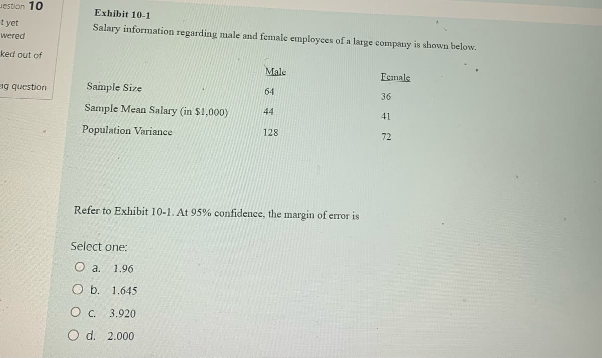 estion 10
-t yet
wered
ked out of
ag question
Exhibit 10-1
Salary information regarding male and female employees of a large company is shown below.
Sample Size
Sample Mean Salary (in $1,000)
Population Variance
Male
Select one:
O a. 1.96
O b. 1.645
O c. 3.920
d. 2.000
64
44
128
Refer to Exhibit 10-1. At 95% confidence, the margin of error is
Female
36
41
72