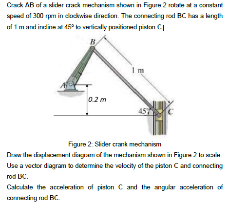 Crack AB of a slider crack mechanism shown in Figure 2 rotate at a constant
speed of 300 rpm in clockwise direction. The connecting rod BC has a length
of 1 m and incline at 45° to vertically positioned piston C.
B
1m
A
0.2 m
457 C
Figure 2: Slider crank mechanism
Draw the displacement diagram of the mechanism shown in Figure 2 to scale.
Use a vector diagram to determine the velocity of the piston C and connecting
rod BC.
Calculate the acceleration of piston C and the angular acceleration of
connecting rod BC.
