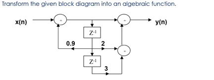 Transform the given block diagram into an algebraic function.
x(n)
y(n)
0.9
2
Z-
