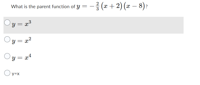What is the parent function of y
y = x³
Oy=x²
y = x²
O y=x
=
2
− ²/3 (x + 2) (x − 8) ?