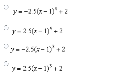 O
O
y = -2.5(x-1)* +2
y = 2.5(x - 1)* + 2
y=-2.5(x-1)³ +2
y = 2.5(x - 1)³ +2
