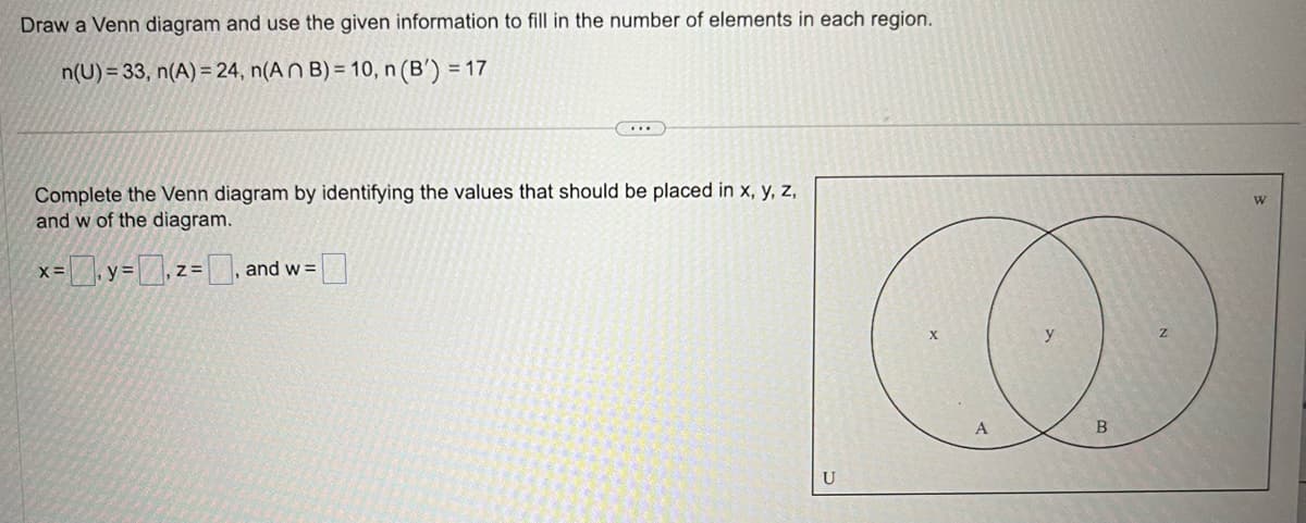 Draw a Venn diagram and use the given information to fill in the number of elements in each region.
n(U)= 33, n(A) = 24, n(An B) = 10, n (B) = 17
Complete the Venn diagram by identifying the values that should be placed in x, y, z,
and w of the diagram.
=.y=z=₁, and w = |
X =
U
A
y
B
Z
W