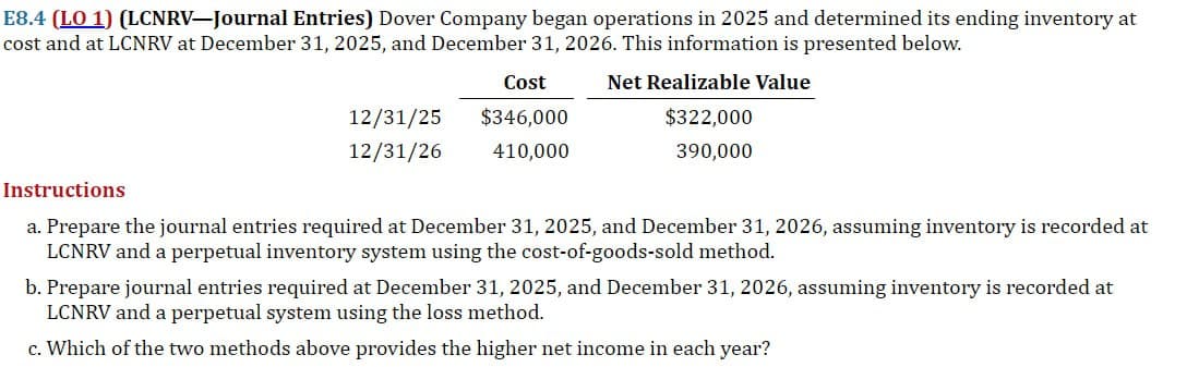 E8.4 (LO 1) (LCNRV-Journal Entries) Dover Company began operations in 2025 and determined its ending inventory at
cost and at LCNRV at December 31, 2025, and December 31, 2026. This information is presented below.
Net Realizable Value
$322,000
390,000
12/31/25
12/31/26
Cost
$346,000
410,000
Instructions
a. Prepare the journal entries required at December 31, 2025, and December 31, 2026, assuming inventory is recorded at
LCNRV and a perpetual inventory system using the cost-of-goods-sold method.
b. Prepare journal entries required at December 31, 2025, and December 31, 2026, assuming inventory is recorded at
LCNRV and a perpetual system using the loss method.
c. Which of the two methods above provides the higher net income in each year?