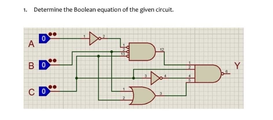 1. Determine the Boolean equation of the given circuit.
A
0
BO
CO
2
13
2
3
12
3
2
4
5
Y