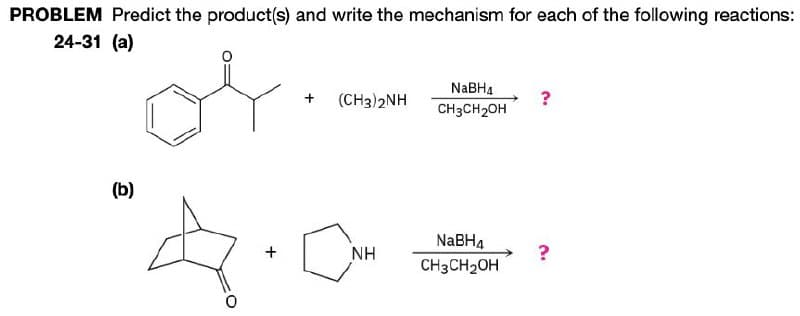 PROBLEM Predict the product(s) and write the mechanism for each of the following reactions:
24-31 (a)
(b)
NaBH4
+
(CH3)2NH
CH3CH2OH
NaBH4
+
ΝΗ
CH3CH2OH