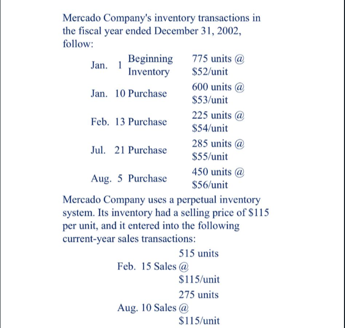 Mercado Company's inventory transactions in
the fiscal year ended December 31, 2002,
follow:
Beginning
Inventory
Jan. 10 Purchase
Jan. 1
Feb. 13 Purchase
Jul. 21 Purchase
775 units @
$52/unit
Feb. 15 Sales @
600 units @
$53/unit
225 units @
$54/unit
Aug. 10 Sales @
285 units @
$55/unit
Aug. 5 Purchase
Mercado Company uses a perpetual inventory
system. Its inventory had a selling price of $115
per unit, and it entered into the following
current-year sales transactions:
450 units @
$56/unit
515 units
$115/unit
275 units
$115/unit