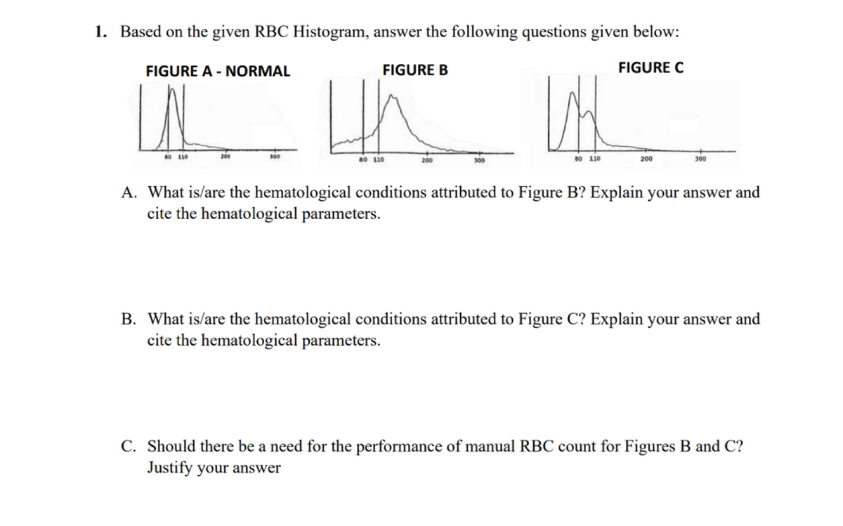 1. Based on the given RBC Histogram, answer the following questions given below:
FIGURE A - NORMAL
FIGURE B
FIGURE C
00 110
300
80 110
80 110
200
200
300
A. What is/are the hematological conditions attributed to Figure B? Explain your answer and
cite the hematological parameters.
B. What is/are the hematological conditions attributed to Figure C? Explain your answer and
cite the hematological parameters.
C. Should there be a need for the performance of manual RBC count for Figures B and C?
Justify your answer
